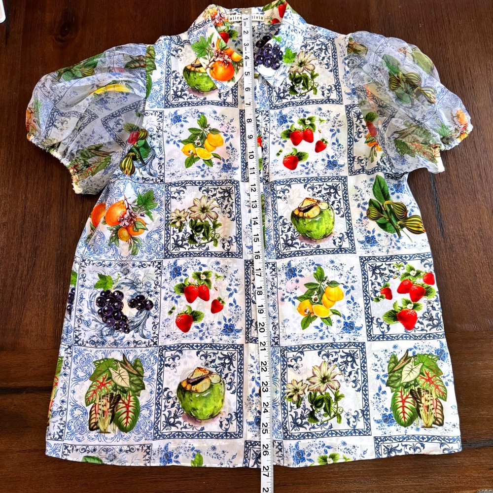 Alice + Olivia Willa Silk Puff Sleeve Blouse Fruit Market - Picture 5 of 16